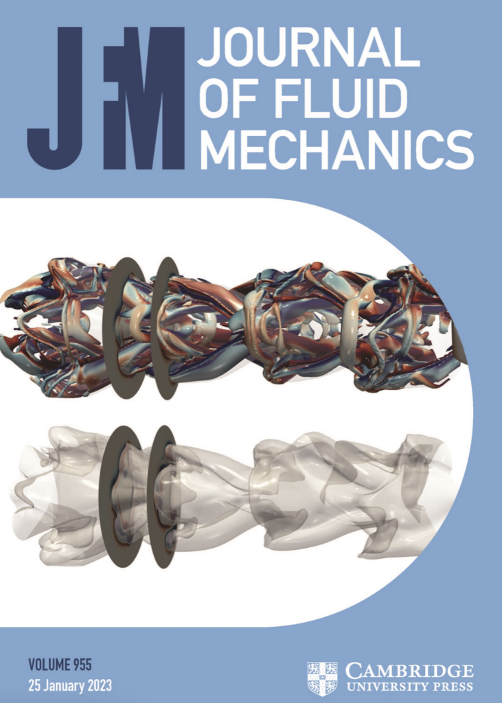 Couverture de Journal of Fluid Mechanics représentant la simulation directe d’un jet turbulent dans un écoulement à deux phases- Agrandir l'image, fenêtre modale