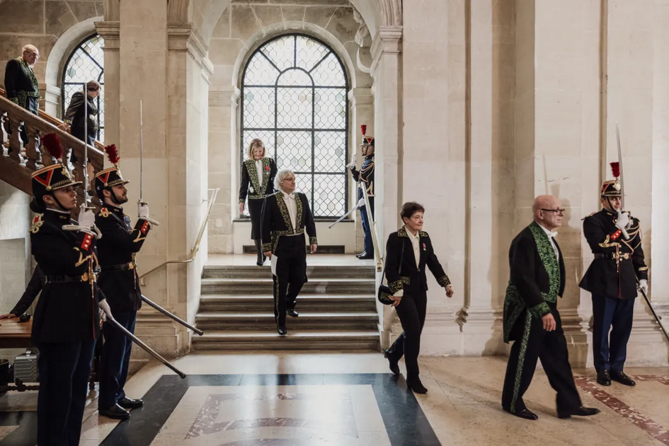 Académiciens et surtout académiciennes en tenue d'apparat descendent le large escalier de l'Académie des Sciences