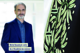 Portrait de Michel Beaudouin-Lafon à côté du détail d'une veste d'Académicien ornée de feuilles de laurier- Agrandir l'image, fenêtre modale